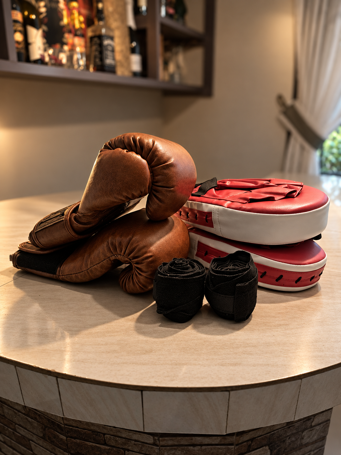 Boxing gloves, focus mitts, and hand wraps used in training